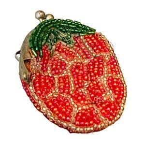 Beaded Strawberry Coin Purse • Vintage Style • 2.5” • Charm Loop